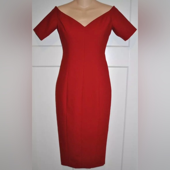 CINQ A SEPT Birch Red Body Con Pencil Red Off shoulder Midi Dress sze 2 NWT $385 - Picture 2 of 8